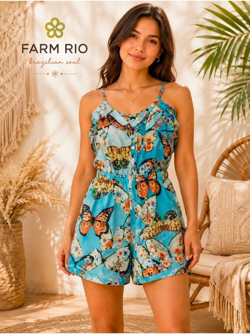 Farm Rio Butterfly Floral Romper Spaghetti Straps Open Back Size Small
